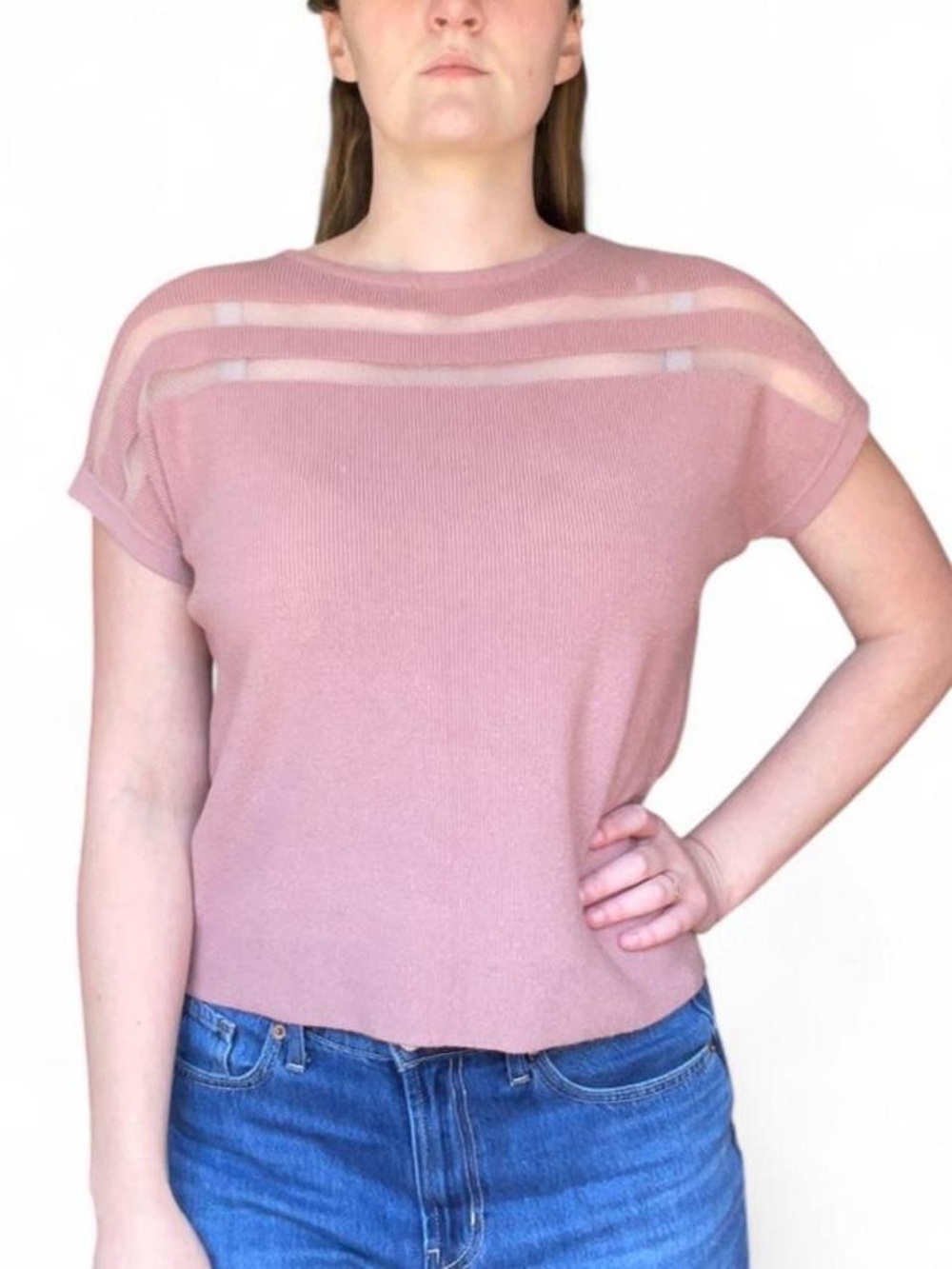 Sioni Mauve Pink Sheer Mesh Stripe Cap Sleeve Knit Top Sz Medium